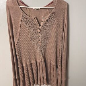 Mocha long sleeve button v-neck  top